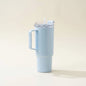 Blue TOONY plastic tumblers with handles, 1800ml capacity, leak-proof design