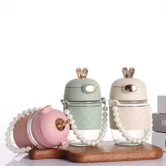 Rabbit Glass Bottle With Pearls Chain (350ml)