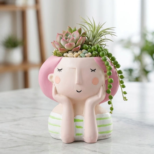 Handcrafted Cute Thinking Girl Planter