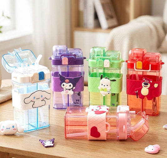 Cute Cartoon Water Bottle With Double Compartments & Sipper Options
