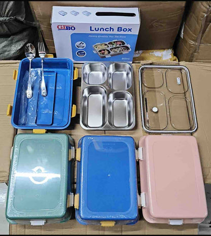 4 Compartment Stainless Steel Lunch Box with Spoon & Fork