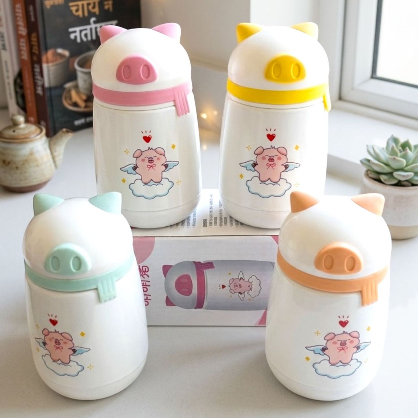 Cute Piggy Design Glass Water Bottle (380ml)