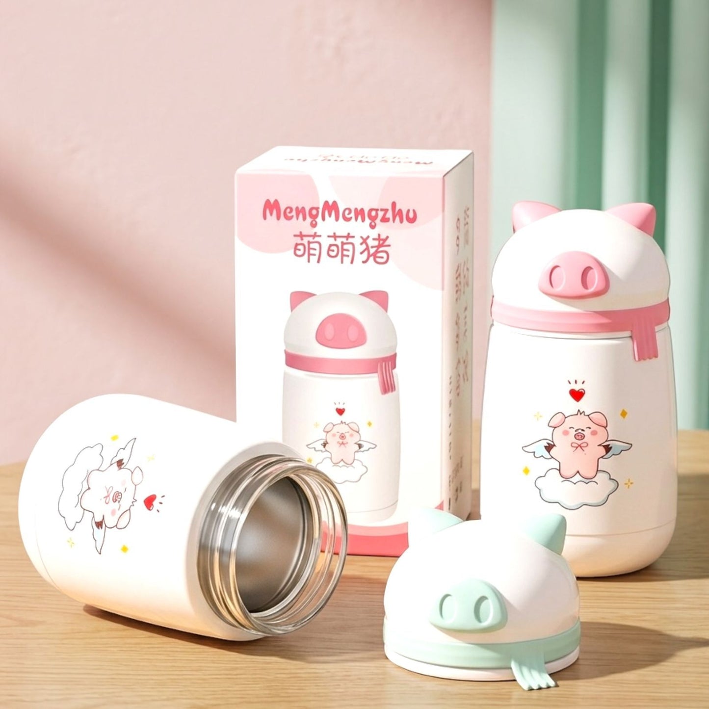 Cute Piggy Design Glass Water Bottle (380ml)