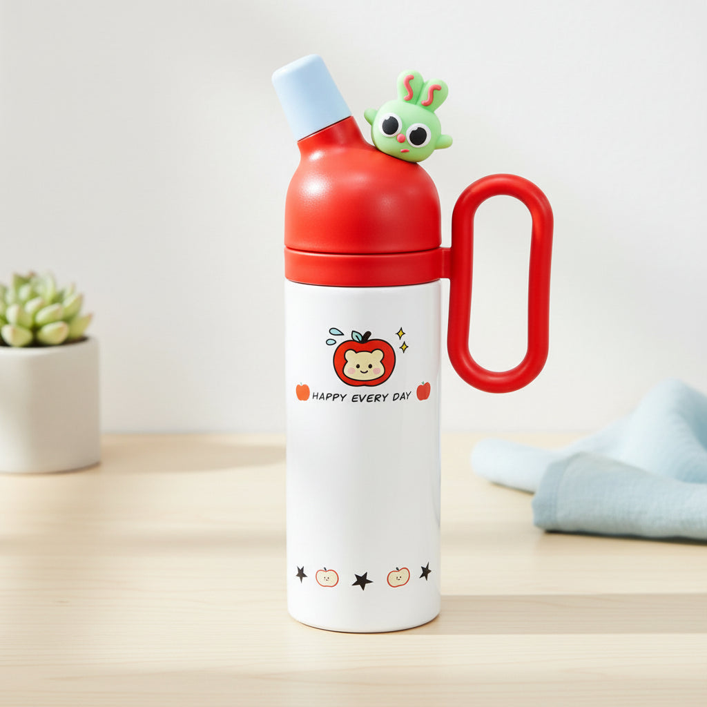 Children's Red thermos bottle with cartoon design on a light surface