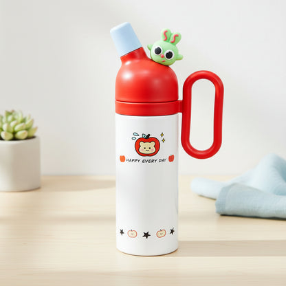 Children's Red thermos bottle with cartoon design on a light surface