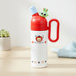 Children's Red thermos bottle with cartoon design on a light surface