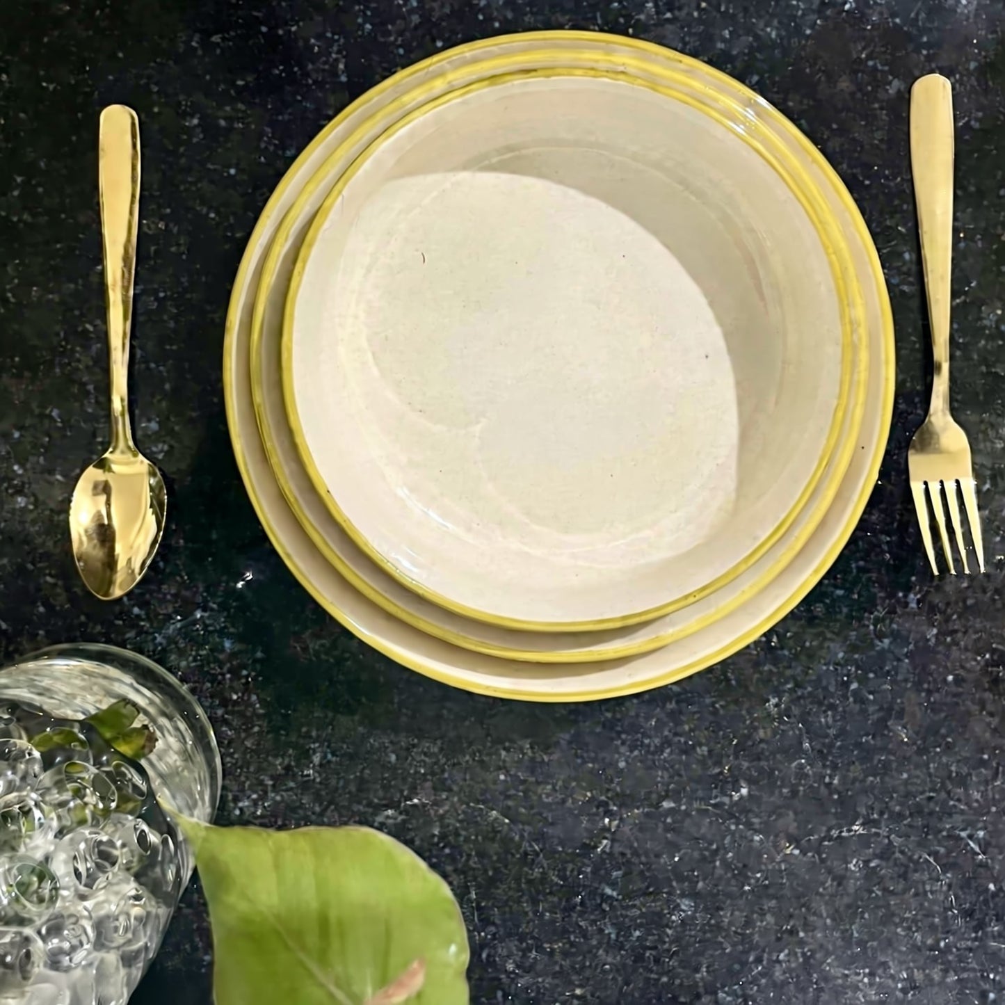 Handcrafted Citron Rim Ceramic Dinnerware Set of 3, Mix Size - 800ml, 600ml, and 500ml | Glossy Finish | Salad, Snack, Pasta Plates | Flat Bowl | Serving Plate | Mix Bowl Plates (Moroccan Yellow)