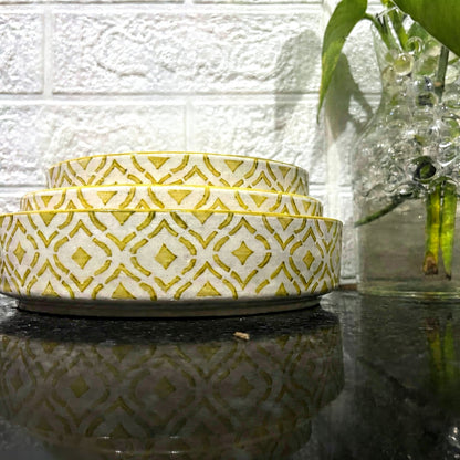 Handcrafted Citron Rim Ceramic Dinnerware Set of 3, Mix Size - 800ml, 600ml, and 500ml | Glossy Finish | Salad, Snack, Pasta Plates | Flat Bowl | Serving Plate | Mix Bowl Plates (Moroccan Yellow)