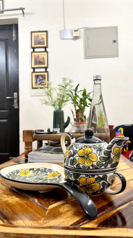 Yellow And Black Floral Print Tea Pot and Cup With Serving Platter(250 ml, 300ml and 400ml)