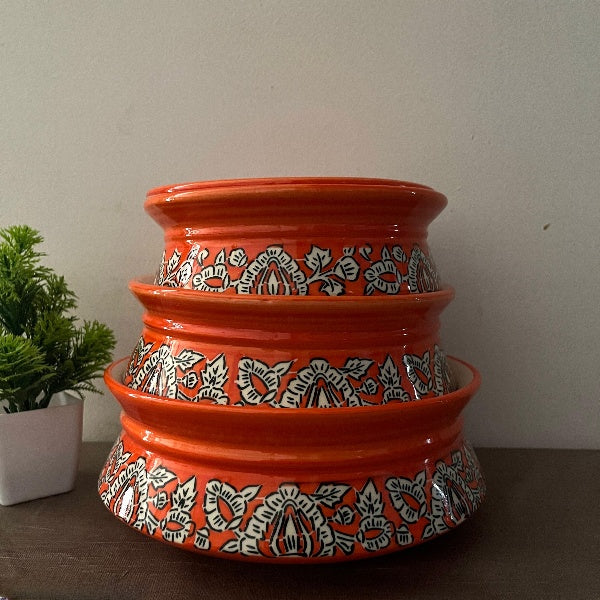 Vibrant Orange Floral Ceramic Casserole Set