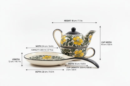 Yellow And Black Floral Print Tea Pot and Cup With Serving Platter(250 ml, 300ml and 400ml)