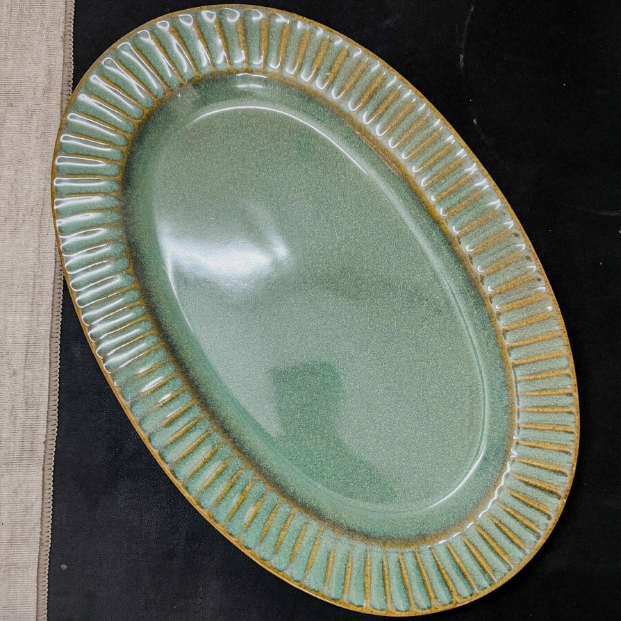 Premium Handcrafted Sage Green Fluted Oval Ceramic Stoneware Serving Platter