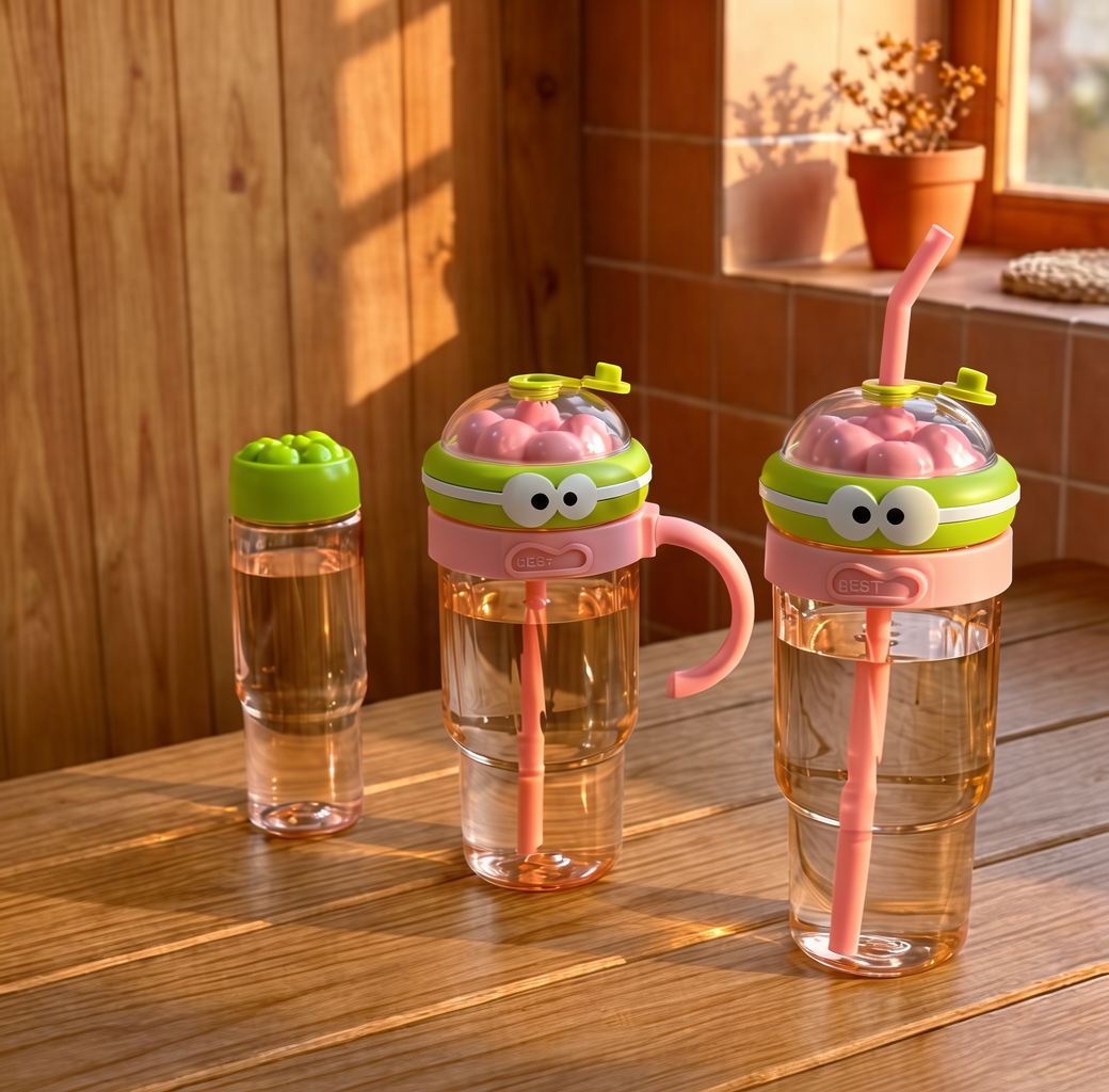 3 Piece Set Cartoon Design Big Mug/Jug With Straw