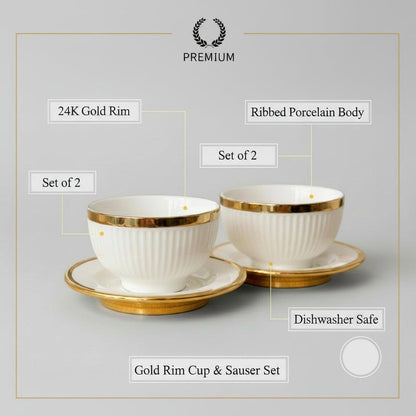 White Ceramic Bowl & Plate Set with Gold Rim(Set of 2)