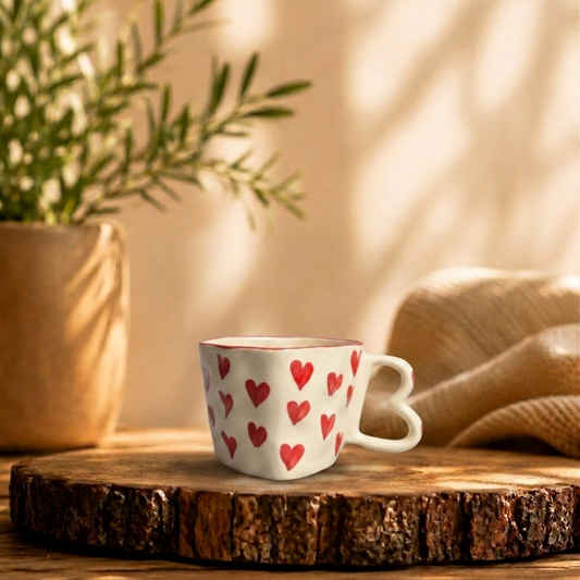 Handpainted Diamond Red Heart Love Ceramic Coffee/Tea Mug - Set of 1 | Pinterest Inspired Gift for Lovers, Friends, Anniversary, Birthdays, Valentines, Boyfriend Girlfriend| Microwave Safe| 350ML